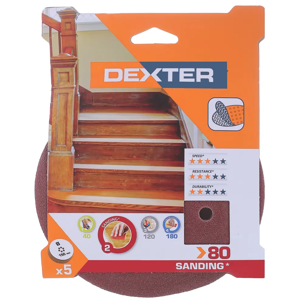 Диск шлифовальный для ЭШМ Dexter Р80 150 мм, 5 шт. ✳️ купить по цене 140  ₽/шт. в Ижевске с доставкой в интернет-магазине Леруа Мерлен