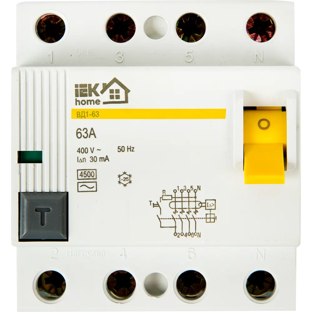 УЗО Iek Home ВД1-63 3P N 63 A 30 мА 4.5 кА AC MDV10-4-063-030