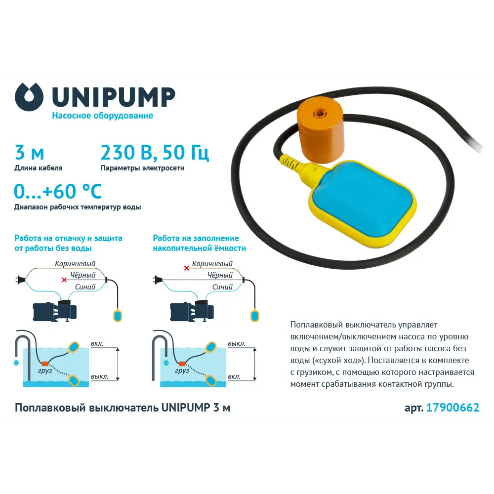 Поплавковый выключатель Unipump 3 м ✳️ купить по цене 1124 ₽/шт. в Москве с  доставкой в интернет-магазине Леруа Мерлен