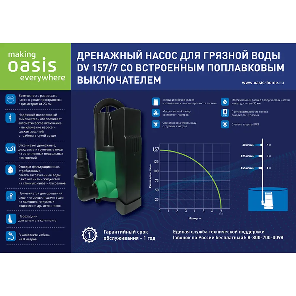 Насос погружной дренажный для грязной воды Oasis DV157/7, 9420 л/час ✳️  купить по цене 3890 ₽/шт. в Рязани с доставкой в интернет-магазине Леруа ...