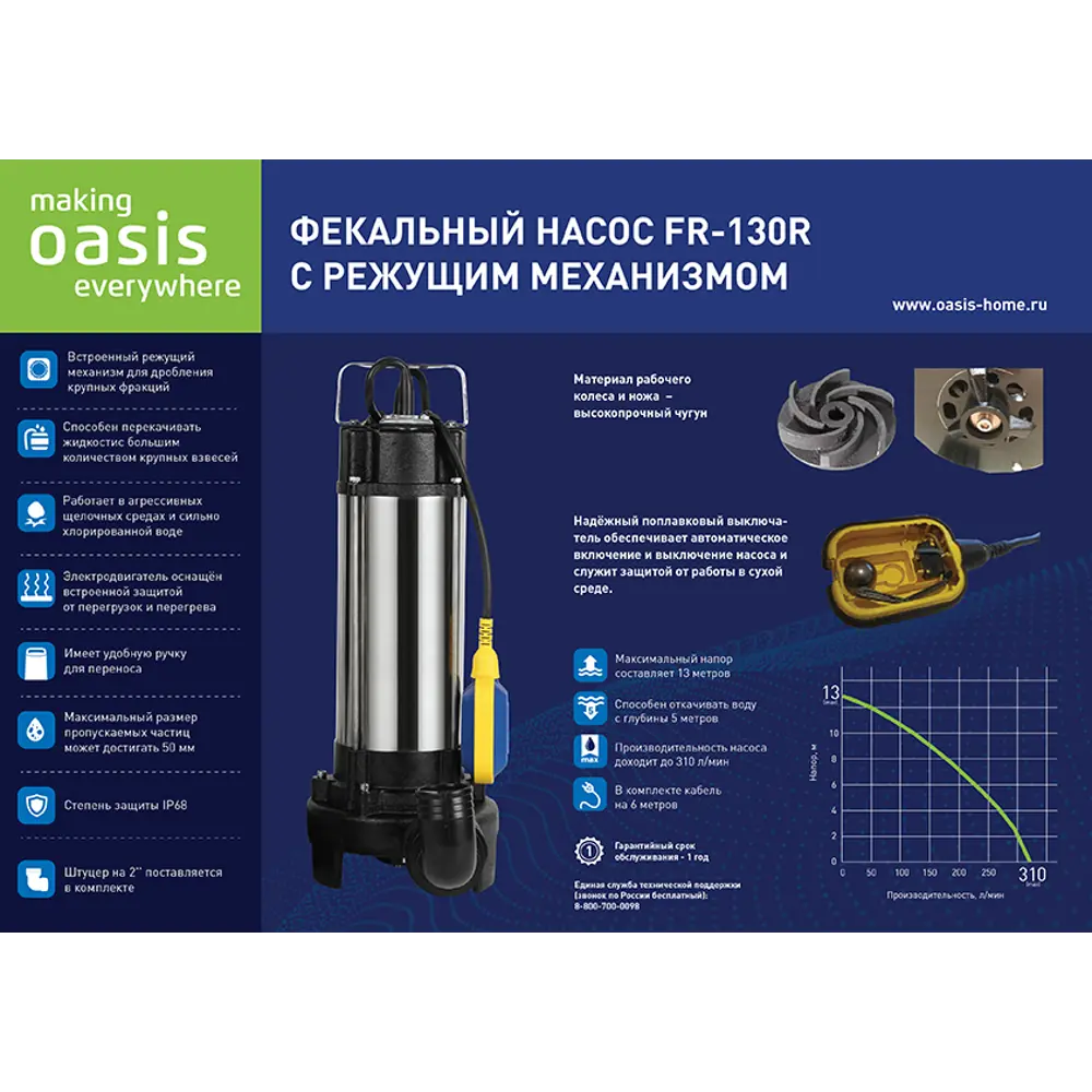 Насос погружной дренажный фекальный Oasis 130R, 18600 л/час ✳️ купить по  цене 12990 ₽/шт. в Курске с доставкой в интернет-магазине Леруа Мерлен