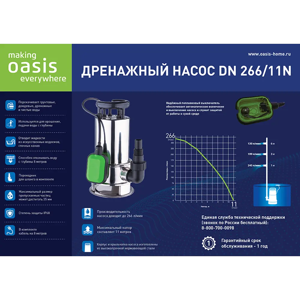 Насос погружной дренажный для грязной воды Oasis DN266/11N, 15960 л/час ✳️  купить по цене 6990 ₽/шт. в Рязани с доставкой в интернет-магазине Леруа  Мерлен