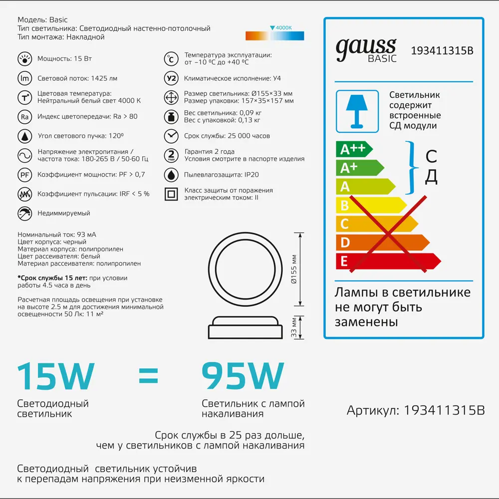 Светильник ЖКХ светодиодный Gauss 15 Вт IP20 накладной круг цвет черный ✳️  купить по цене 208 ₽/шт. в Екатеринбурге с доставкой в интернет-магазине  Леруа Мерлен