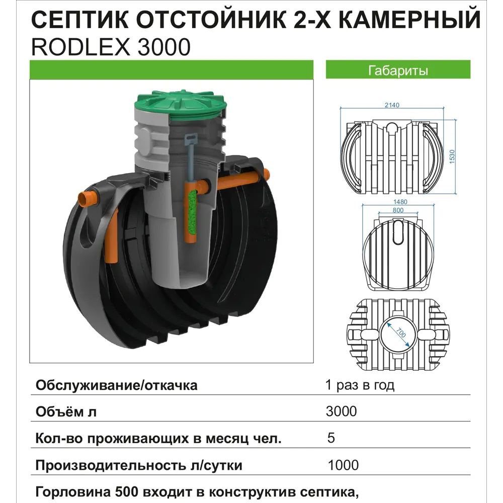 Септик двухкамерный Rodlex 3000 литров 1000 л/сутки ✳️ купить по цене 84071  ₽/шт. в Москве с доставкой в интернет-магазине Леруа Мерлен