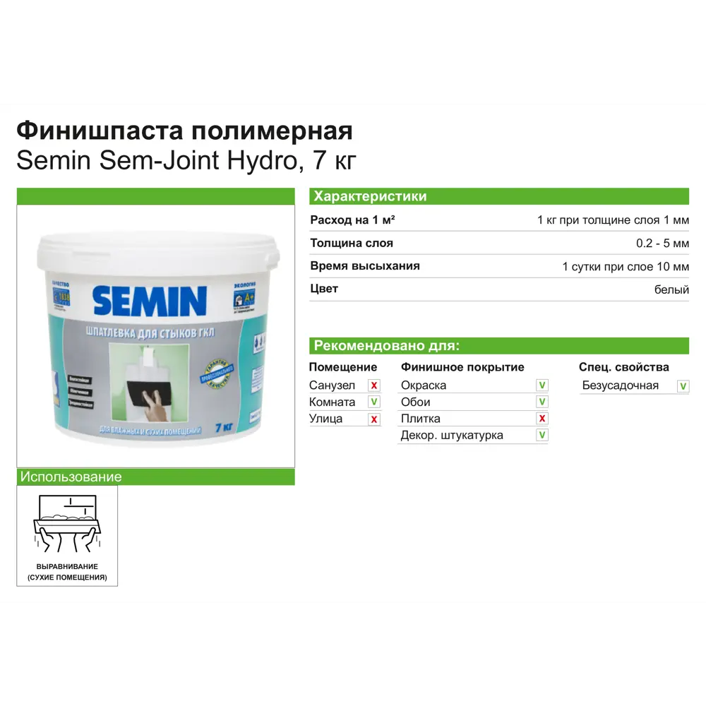 Финишпаста полимерная Semin Sem-Joint Hydro, 7 кг ✳️ купить по цене 1027  ₽/шт. в Оренбурге с доставкой в интернет-магазине Леруа Мерлен