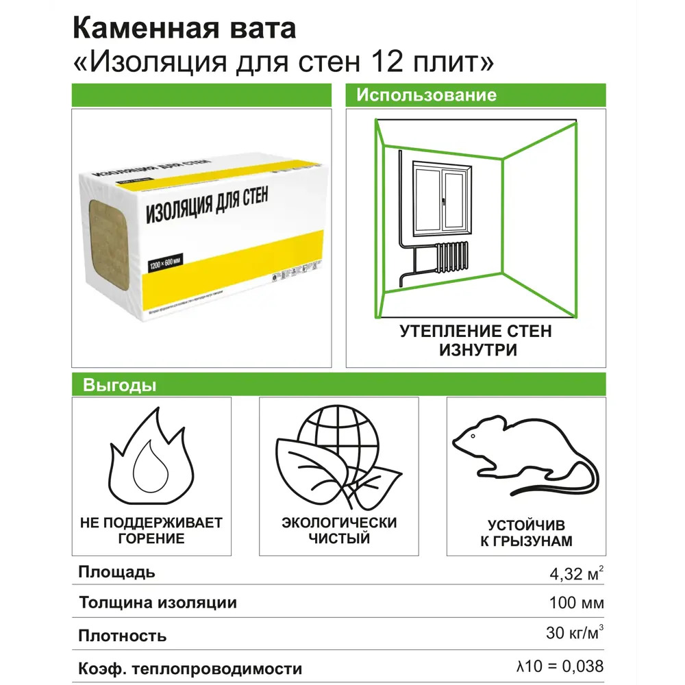 Утеплитель для стен 100 мм 6 плит 600x1200 мм 4.32 м² ✳️ купить по цене  1843 ₽/кор. в Наро-Фоминске с доставкой в интернет-магазине Леруа Мерлен