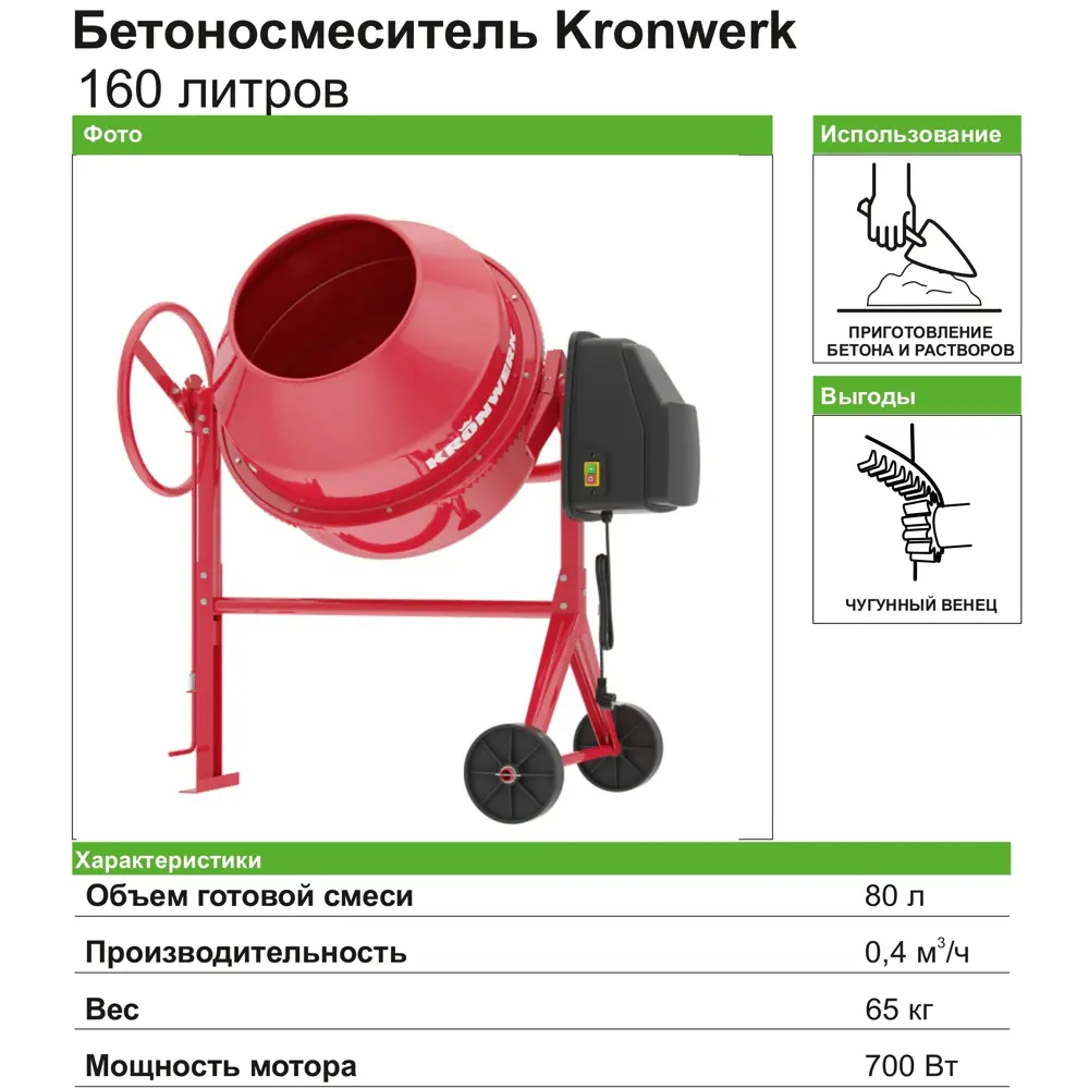 Бетоносмеситель Kronwerk 160 л 700 Вт ✳️ купить по цене 11922 ₽/шт. в  Саратове с доставкой в интернет-магазине Леруа Мерлен