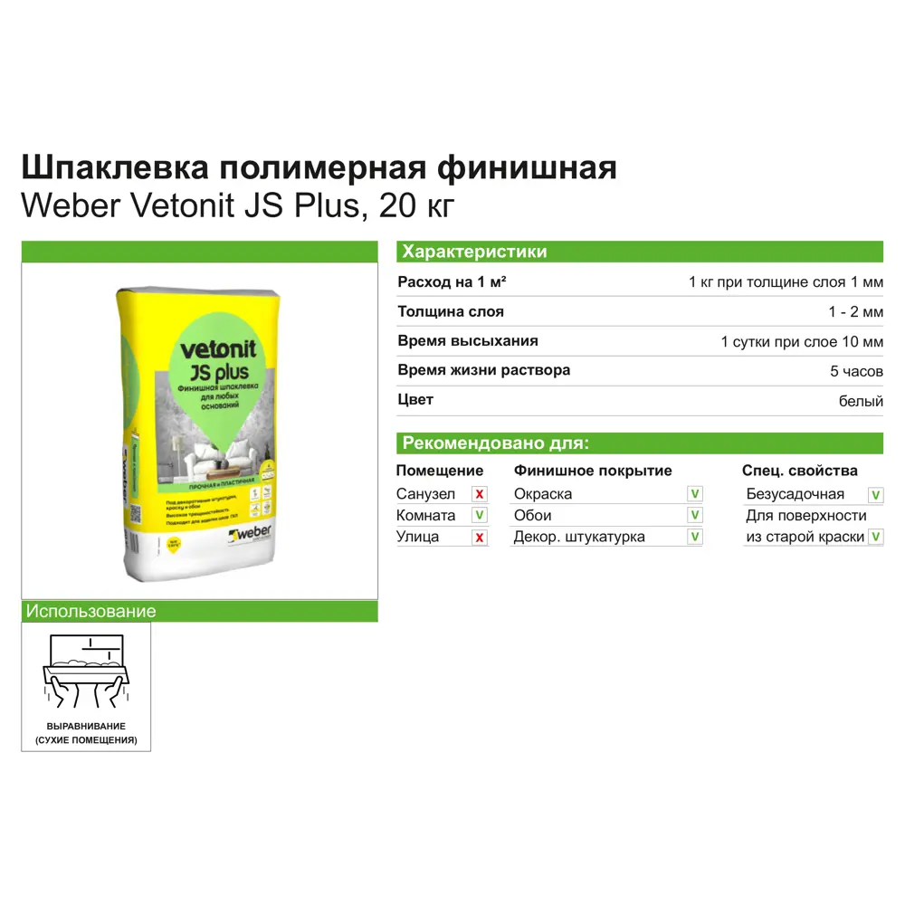 Шпаклёвка полимерная финишная Vetonit JS+ 20 кг ✳️ купить по цене 1110  ₽/шт. в Москве с доставкой в интернет-магазине Леруа Мерлен