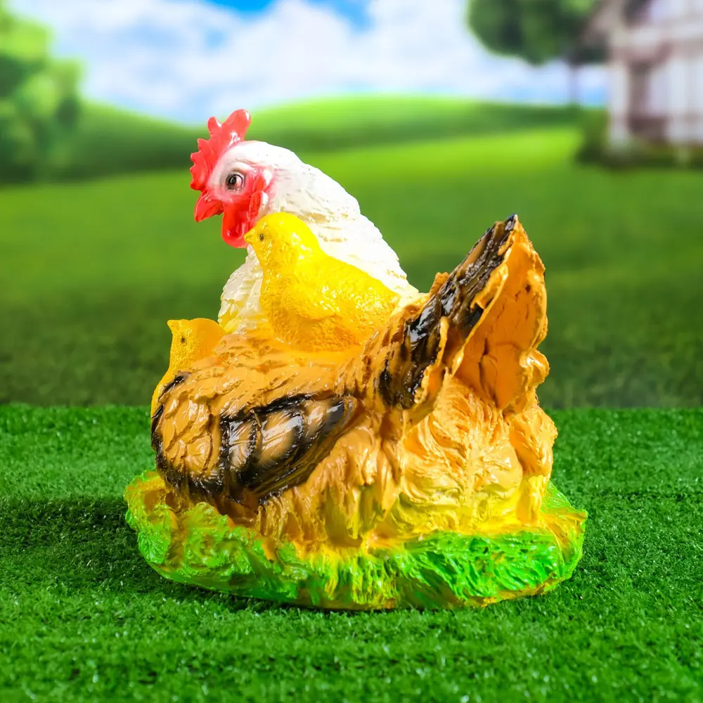 Пестрая наседка. Садовая фигура "курица с цыплятами" полистоун. Курица-наседка. Садовая фигура "курица с цыплятами" микс полистоун. Фигурка курица с цыплятами.