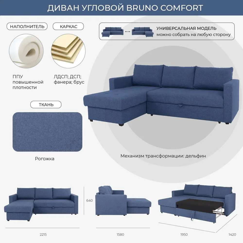 Диван угловой Nrava Comfort 221.80x64x158 см рогожка цвет синий ✳️ купить  по цене 32990 ₽/шт. в Москве с доставкой в интернет-магазине Леруа Мерлен