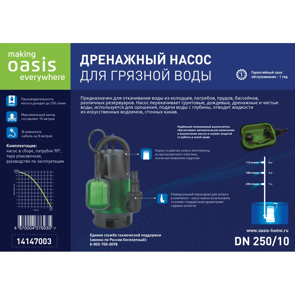 Насос погружной дренажный для грязной воды OASIS DN 250/10, 15000 л/час. ✳️  купить по цене 3990 ₽/шт. в Барнауле с доставкой в интернет-магазине Леруа  Мерлен