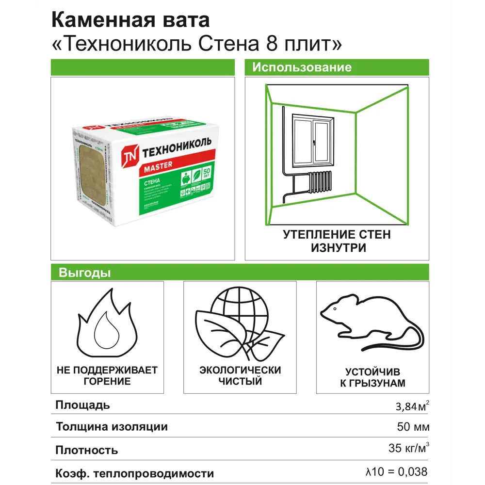 Утеплитель Технониколь для стен 50 мм 8 плит 600x800 мм 3.84 м² ✳️ купить  по цене 911 ₽/кор. в Череповце с доставкой в интернет-магазине Леруа Мерлен