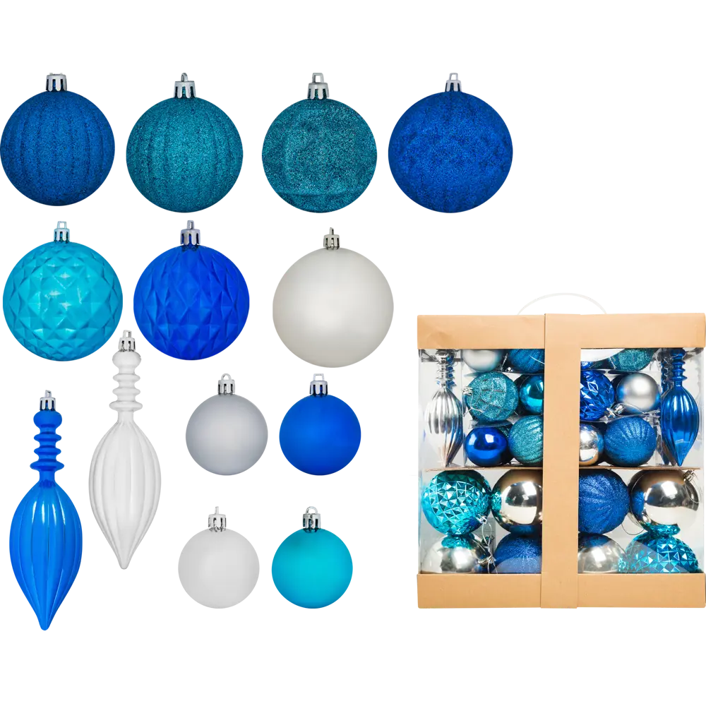 Набор ёлочных шаров 6-17 см цвет голубой/серебристый, 58 шт. по цене 1290  ₽/шт. купить в Москве в интернет-магазине Леруа Мерлен