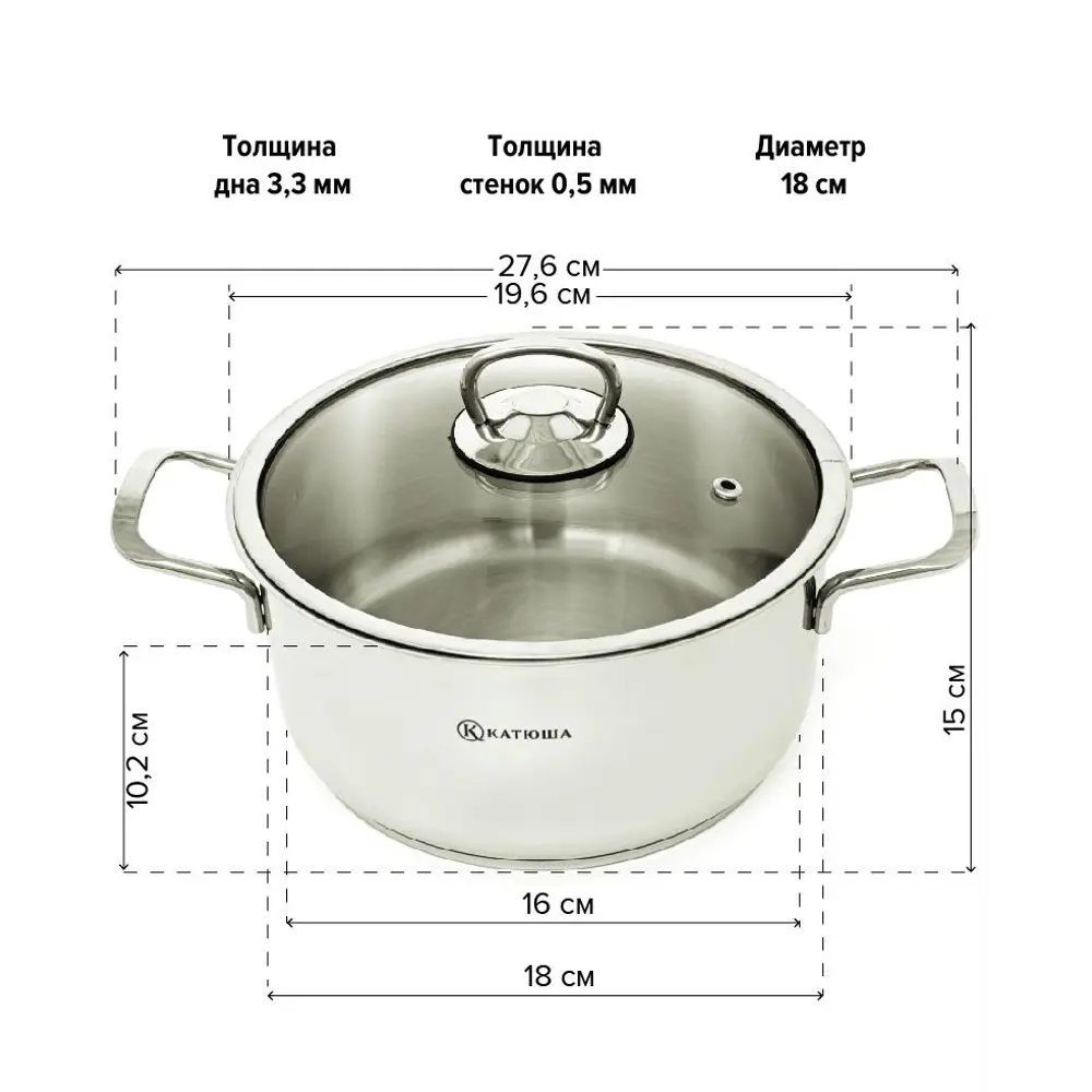Кастрюля КАТЮША Марта из нержавеющей стали 18x10 см с крышкой 100-18-0, 2.3  л ✳️ купить по цене 2028 ₽/шт. в Санкт-Петербурге с доставкой в ...