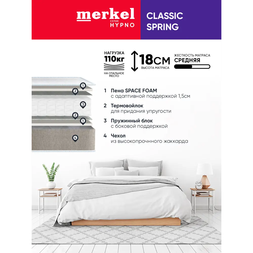 Матрас Merkel Classic spring 140x200 см независимый пружинный блок,  двуспальный ✳️ купить по цене 12300 ₽/шт. в Пензе с доставкой в  интернет-магазине Леруа Мерлен