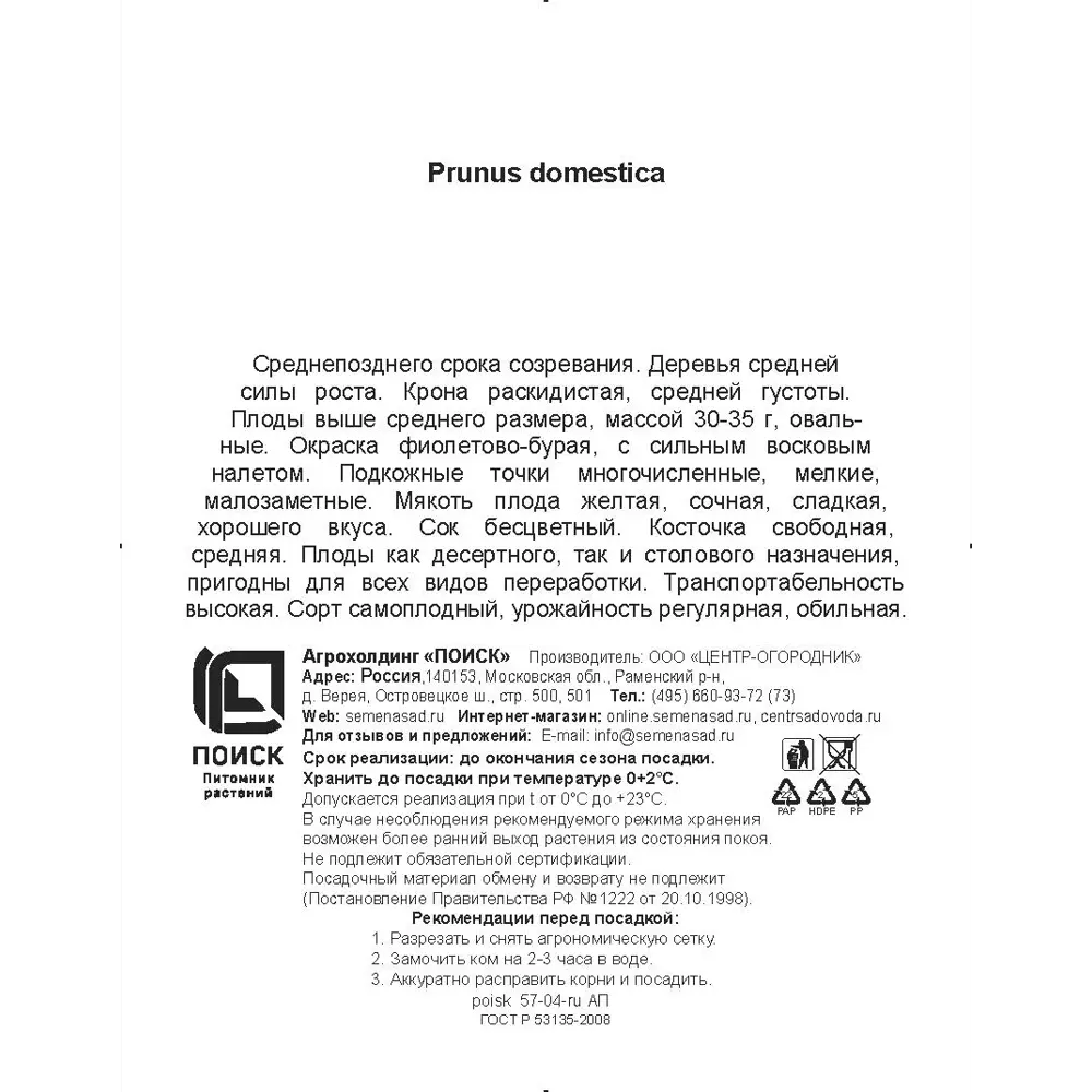 Слива Венгерка Корнеевская h200 см в сетке Поиск Инвест ✳️ купить по цене  655 ₽/шт. в Екатеринбурге с доставкой в интернет-магазине Леруа Мерлен