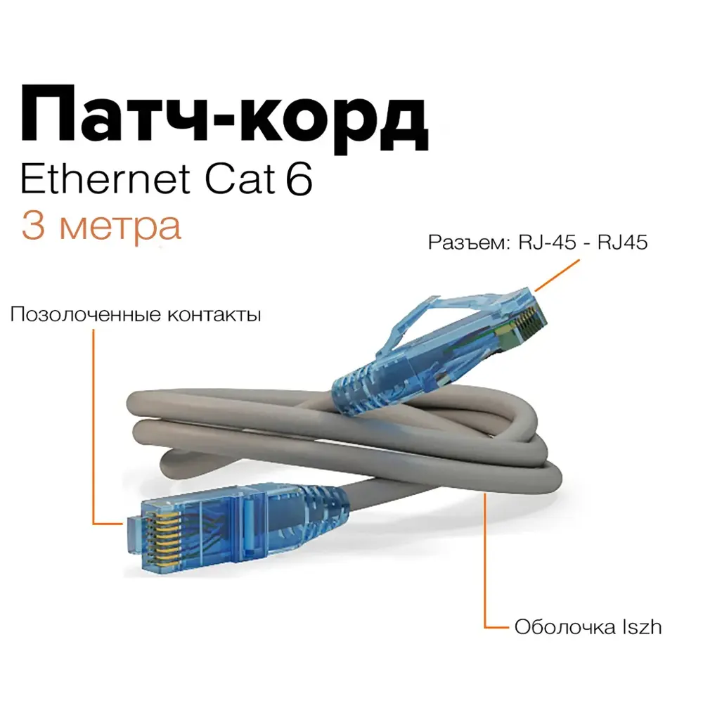 Патч-корд Hyperline U/UTP Ethernet Lan категория 6 витой LSZH 3 м цвет  серый ✳️ купить по цене 803 ₽/шт. в Москве с доставкой в интернет-магазине  Леруа Мерлен