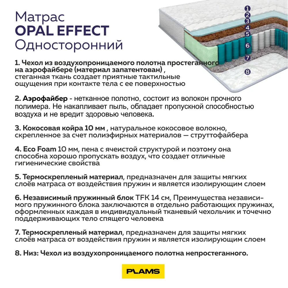 Матрас Plams Опал Эффект 140x200 см односторонний, независимый пружинный  блок, полутораспальный ✳️ купить по цене 10679 ₽/шт. в Новороссийске с  доставкой в интернет-магазине Леруа Мерлен