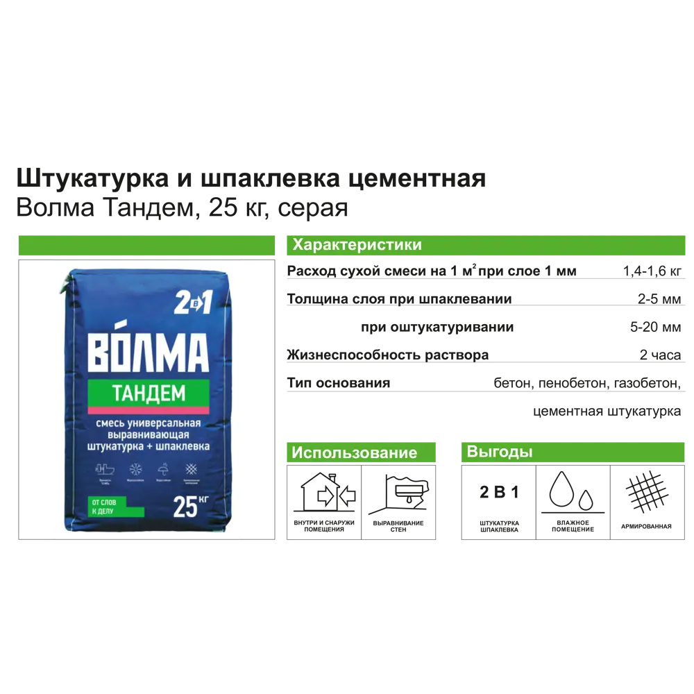 Штукатурка и шпаклевка цементная Волма Тандем 25 кг ✳️ купить по цене 418  ₽/шт. в Казани с доставкой в интернет-магазине Леруа Мерлен