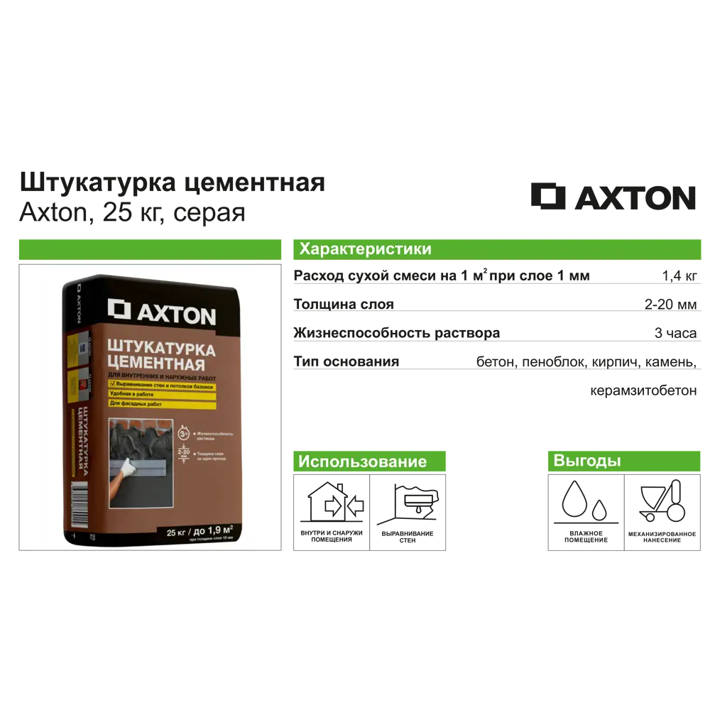 Штукатурка цементная Axton 25 кг ✳️ купить по цене 373 ₽/шт. в Владивостоке  с доставкой в интернет-магазине Леруа Мерлен