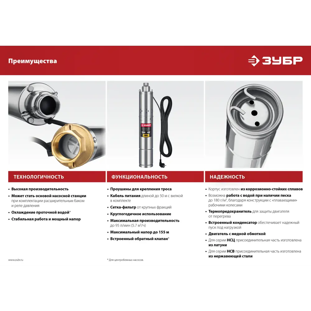 Насос садовый погружной Зубр НСЦ-100-40 высота подъема 40 м кабель 20 м  расход 3300 л/ч ✳️ купить по цене 13760 ₽/шт. в Москве с доставкой в  интернет-магазине Леруа Мерлен
