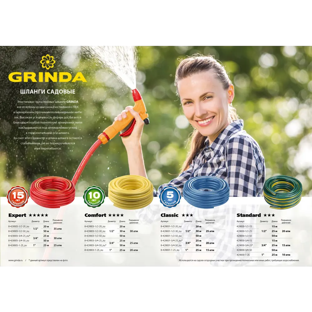 Grinda Standart 3/4", 15 м, 15 атм, трёхслойный поливочный шланг, армированный. Grinda шланг 3/4 25 метров. Шланг поливочный Grinda Standard 1", 25 м, 10 атм. Шланги поливочный Гринда стандарт.