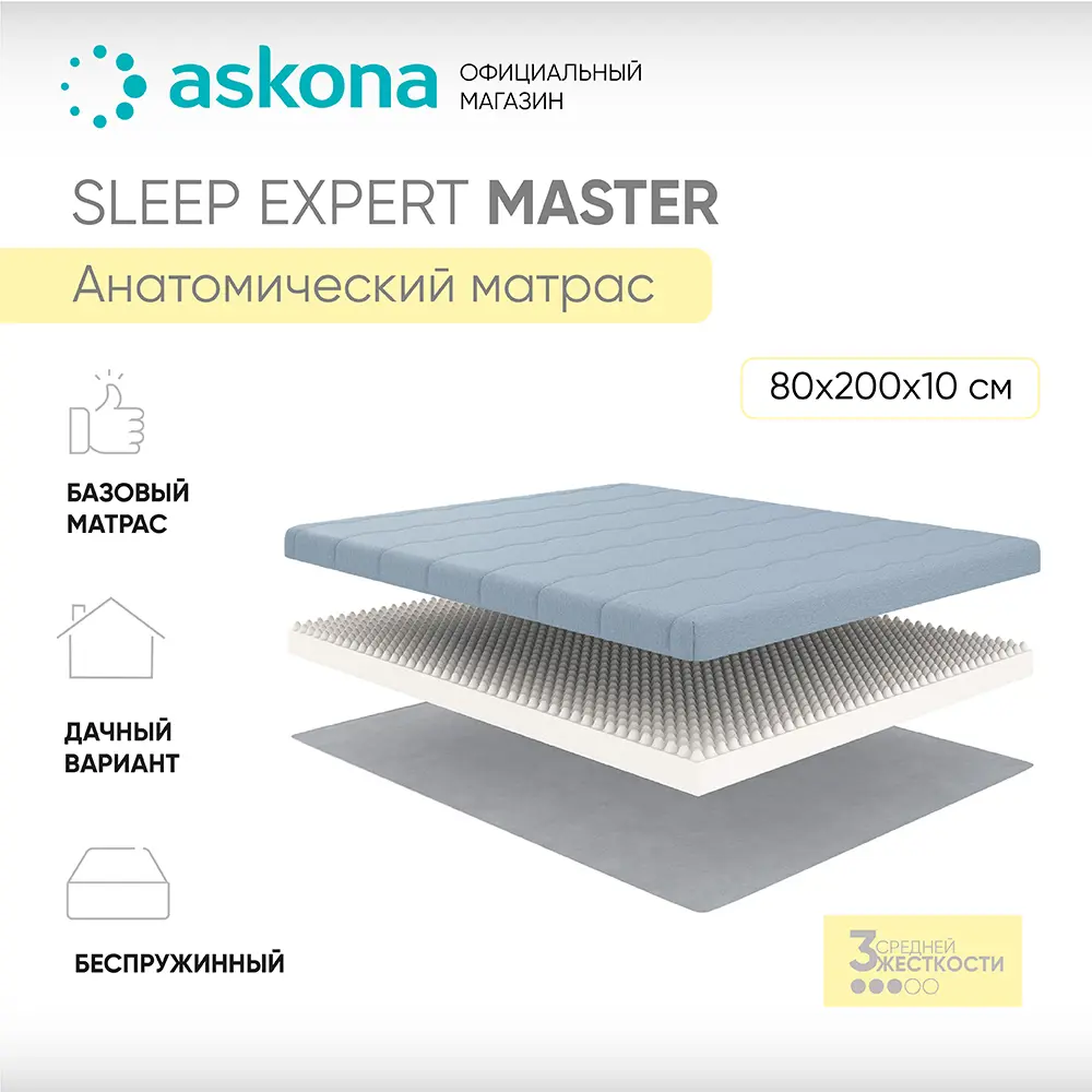 Матрас Askona Sleep Expert Master 80x200 см беспружинный, односпальный,  ортопедический ✳️ купить по цене 5664 ₽/шт. в Ульяновске с доставкой в  интернет-магазине Леруа Мерлен