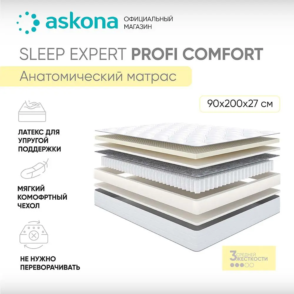 Матрас Askona Sleep Expert Profi Comfort 90x200 см независимый пружинный  блок, односпальный, ортопедический ✳️ купить по цене 18630 ₽/шт. в  Архангельске с доставкой в интернет-магазине Леруа Мерлен