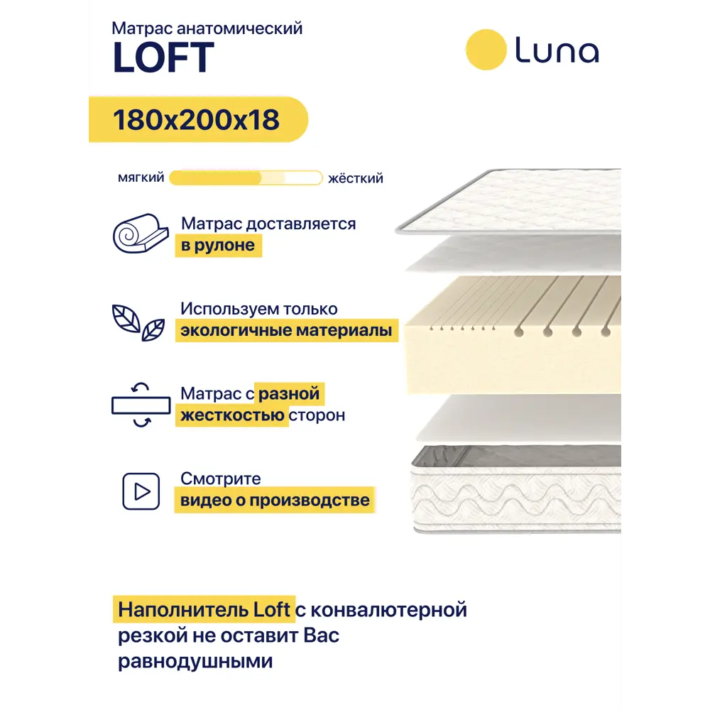 Матрас Luna Loft 180x200 см беспружинный, двуспальный, ортопедический ✳️  купить по цене 10000 ₽/шт. в Ижевске с доставкой в интернет-магазине Леруа  Мерлен