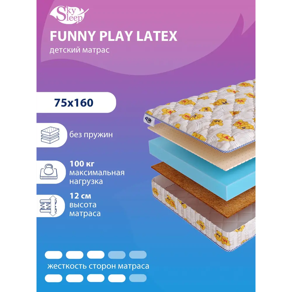 Матрас SkySleep FUNNY Play Latex 75x160 см беспружинный, детский,  ортопедический, латексный, кокосовый ✳️ купить по цене 8130 ₽/шт. в  Саранске с доставкой в интернет-магазине Леруа Мерлен