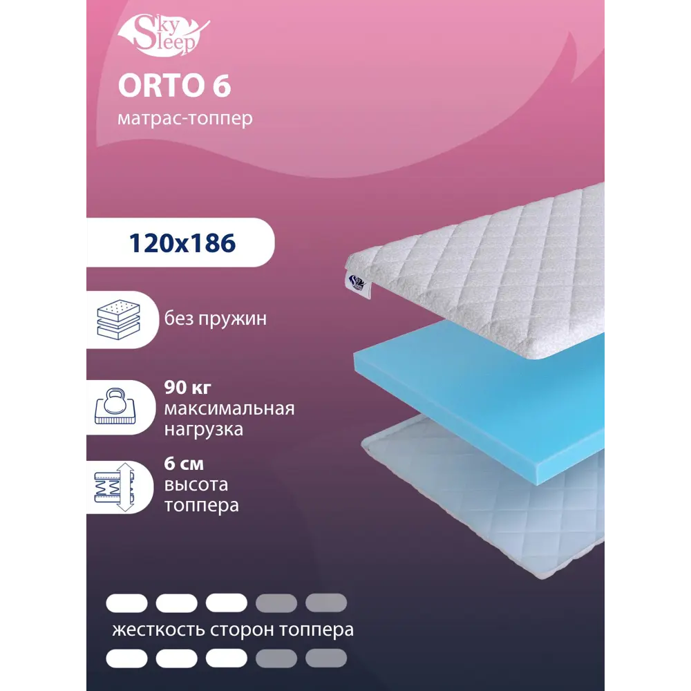 Тонкий матрас SkySleep Orto 6 на софу 120x186 см, беспружинный, для дивана,  жесткость: средняя, полутораспальный, ортопедический ✳️ купить по цене 7058  ₽/шт. в Новокузнецке с доставкой в интернет-магазине Леруа Мерлен