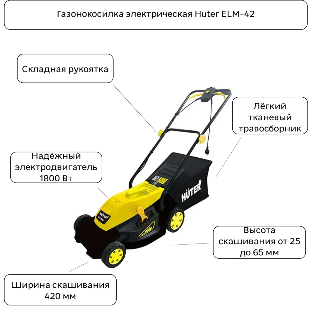 Газонокосилка электрическая Huter ELM-42 1800 Вт 42 см ✳️ купить по цене  11865 ₽/шт. в Кемерове с доставкой в интернет-магазине Леруа Мерлен