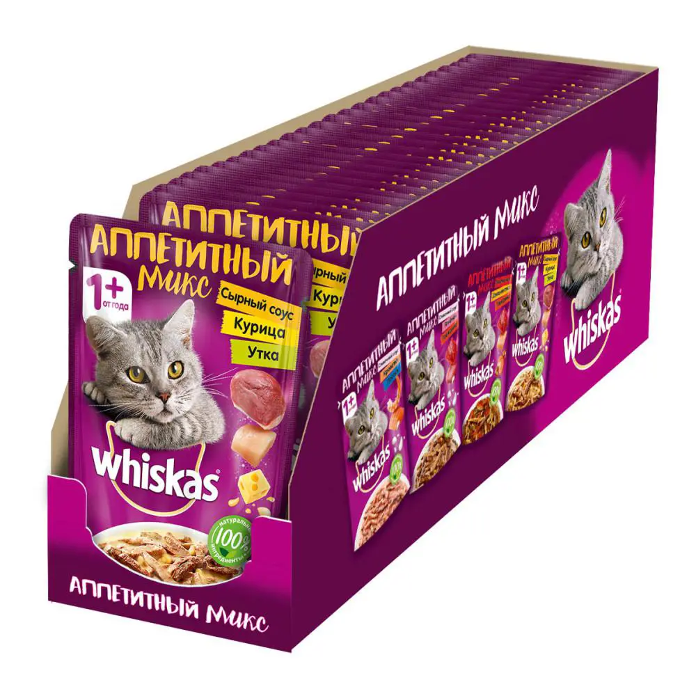 Влажный корм для кошек Whiskas Аппетитный микс курица и утка с сырным  соусом 24 шт по 85г ✳️ купить по цене 600 ₽/шт. в Новокузнецке с доставкой  в интернет-магазине Леруа Мерлен