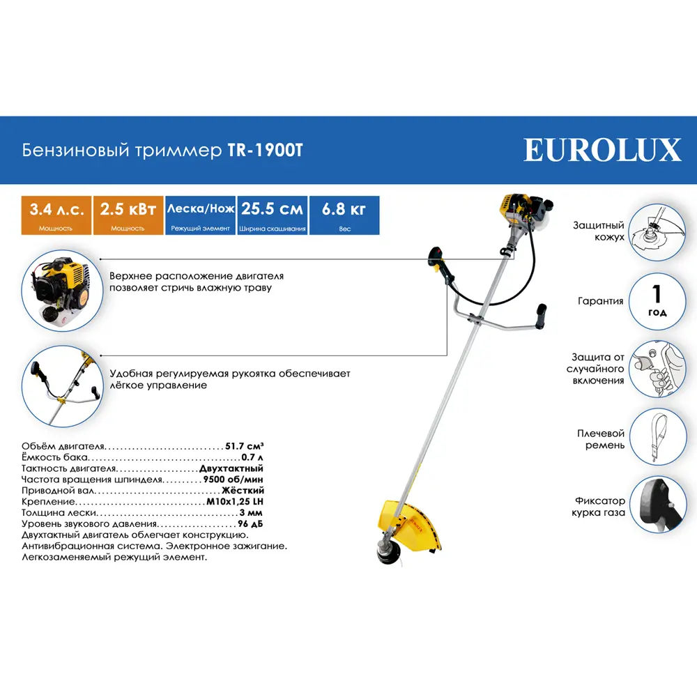 Триммер бензиновый Eurolux TR-1900T 3.4 л.с. ✳️ купить по цене 5934.03  ₽/шт. в Москве с доставкой в интернет-магазине Леруа Мерлен