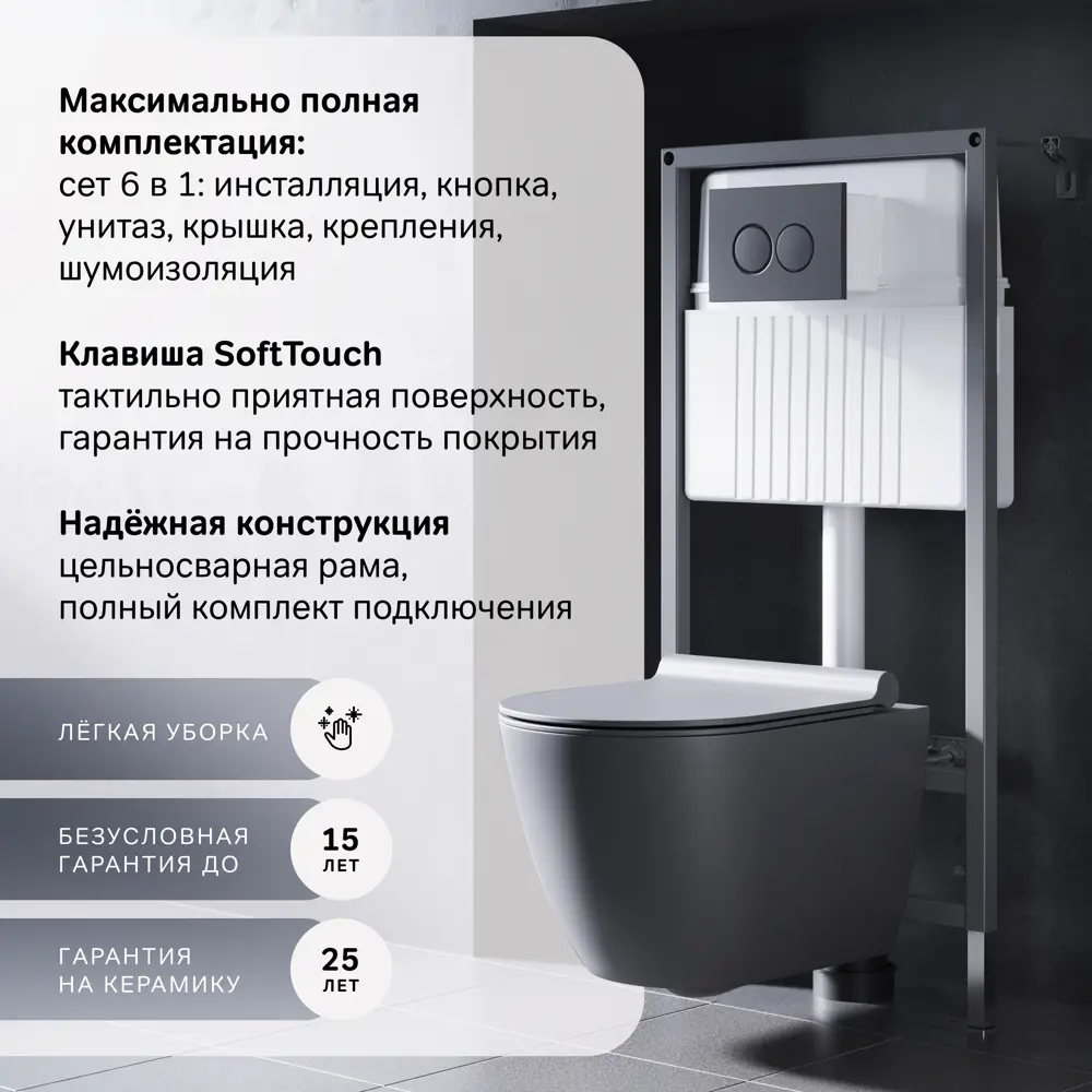 Комплект инсталляция с унитазом AM.PM Struktura Pulse Flash Clean с  клавишей, безободковый, с микролифтом, цвет серый ✳️ купить по цене 39990  ₽/шт. в ...