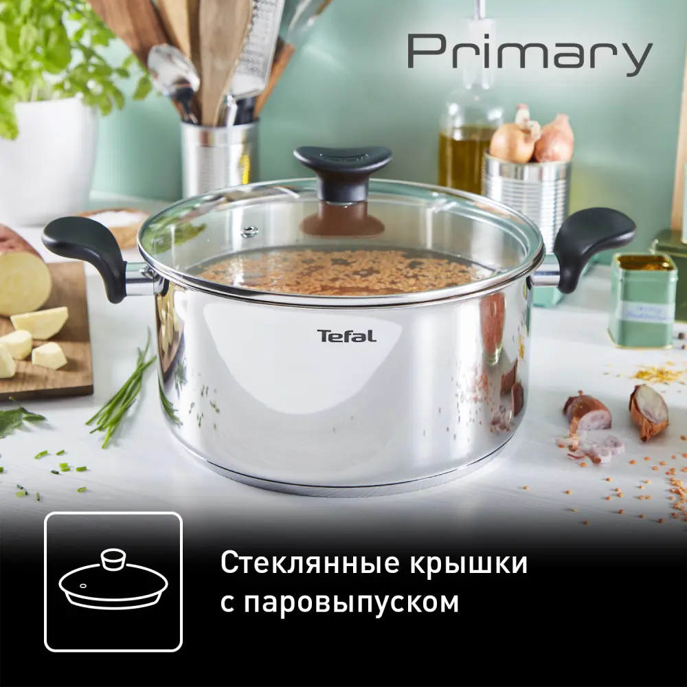 Набор посуды 6 предметов Tefal Primary нержавеющая сталь цвет серебристый  ✳️ купить по цене 8399 ₽/шт. в Москве с доставкой в интернет-магазине Леруа  Мерлен