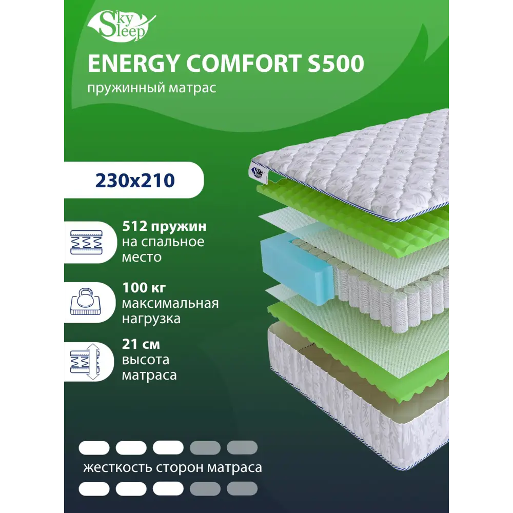 Матрас SkySleep ENERGY Comfort S500 230x210 см независимый пружинный блок,  двуспальный, ортопедический ✳️ купить по цене 35063 ₽/шт. в Уфе с доставкой  в интернет-магазине Леруа Мерлен