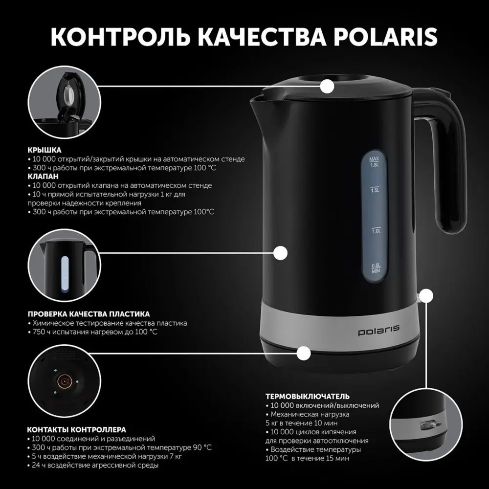 Электрический чайник Polaris 9661648 1.8 л металл цвет черный по цене 3499  ₽/шт. купить в Уфе в интернет-магазине Леруа Мерлен