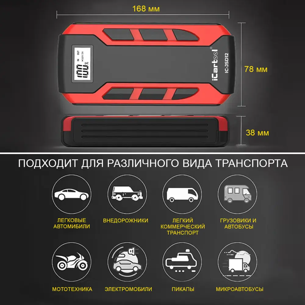 Пуско-зарядное устройство iCartool IC-JSD12 12 В 12 000 мАч 500/800 А ✳️  купить по цене 6990 ₽/шт. в Пскове с доставкой в интернет-магазине Леруа  Мерлен