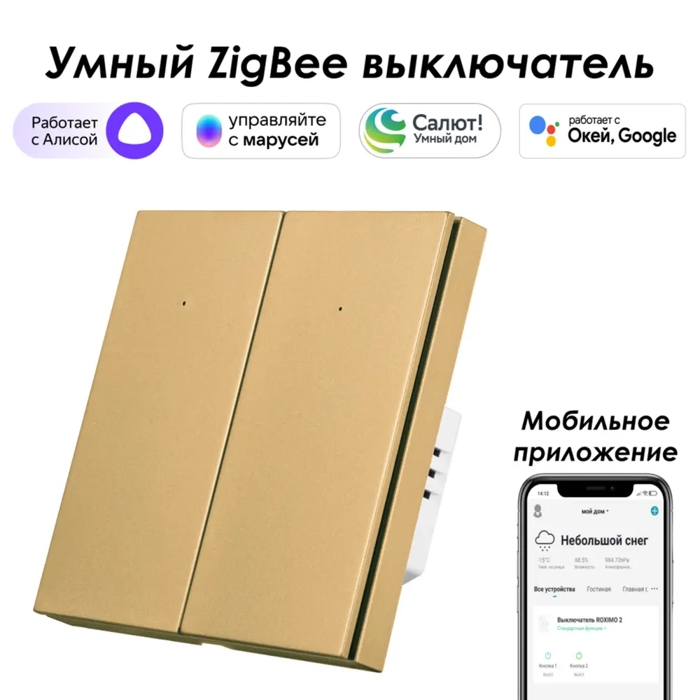 Умный Zigbee выключатель встраиваемый Roximo 100 SZBTN01-2G 2 клавиши цвет  золотой по цене 2839 ₽/шт. купить в Воронеже в интернет-магазине Леруа  Мерлен