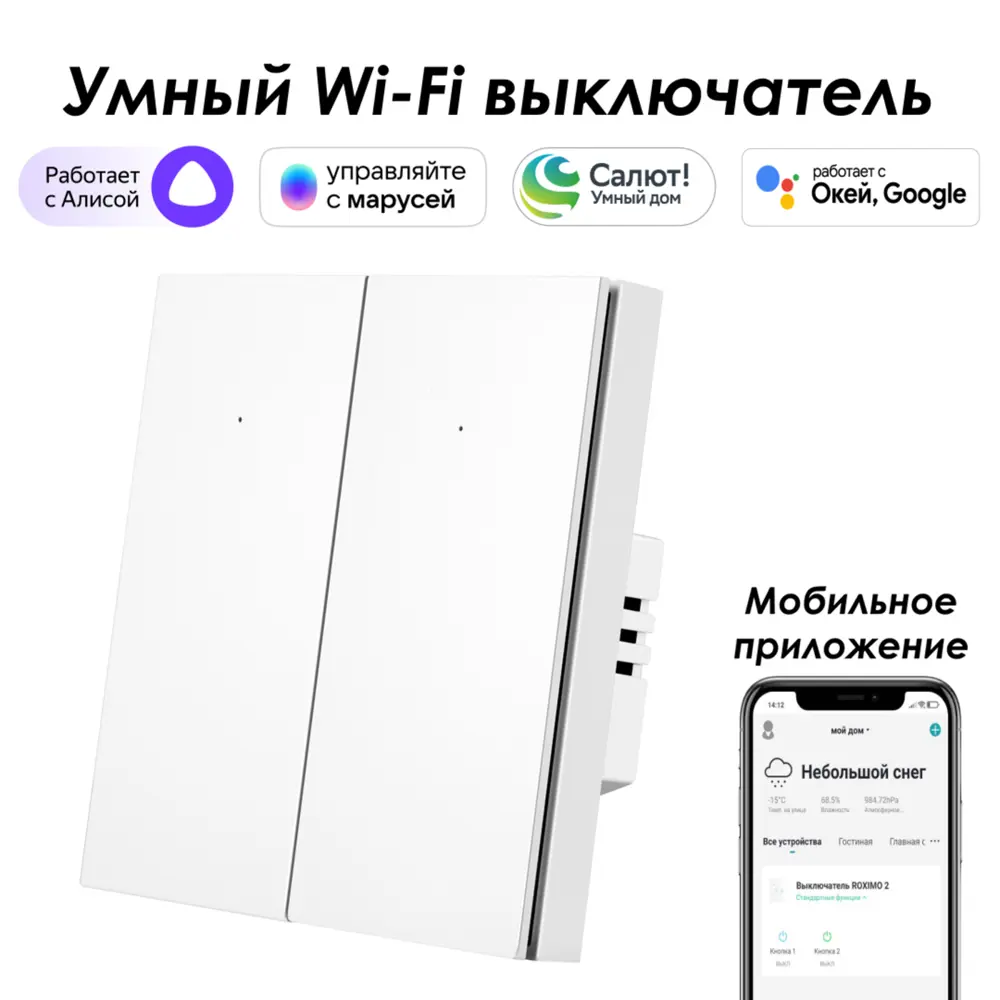 Умный выключатель встраиваемый Roximo 100 SWBTN01-2W 2 клавиши цвет белый  ✳️ купить по цене 2600 ₽/шт. в Тольятти с доставкой в интернет-магазине  Леруа Мерлен