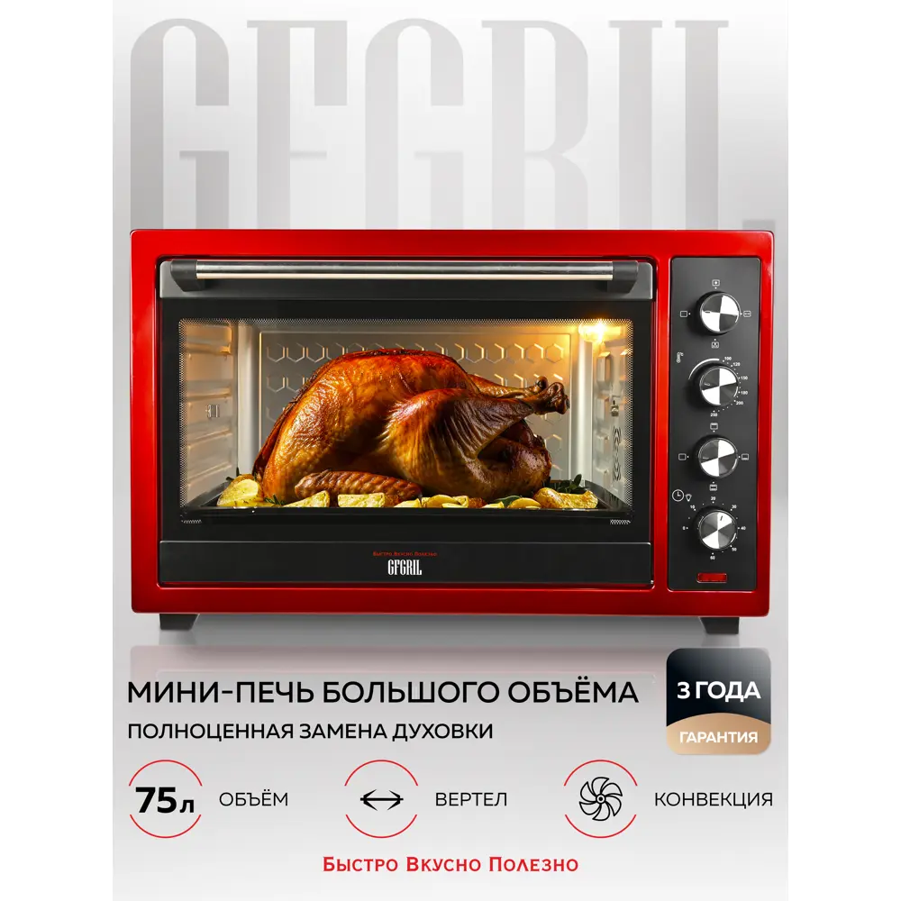 Электропечь Gfgril GFO-77 49x68x43 см цвет красный ✳️ купить по цене 15147  ₽/шт. в Москве с доставкой в интернет-магазине Леруа Мерлен