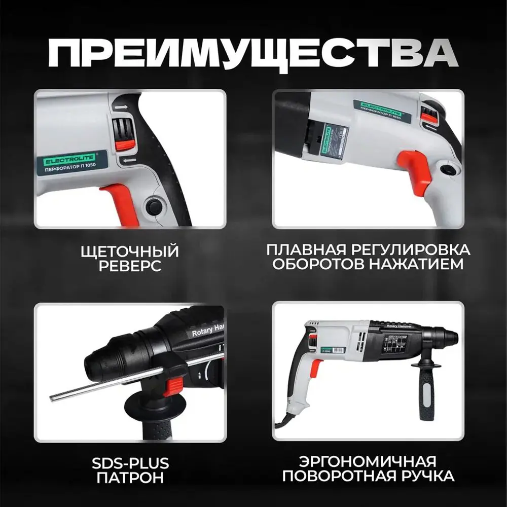 Перфоратор сетевой SDS-plus Electrolite П 1050, 1050 Вт, 4 Дж ✳️ купить по  цене 5168 ₽/шт. в Костроме с доставкой в интернет-магазине Леруа Мерлен