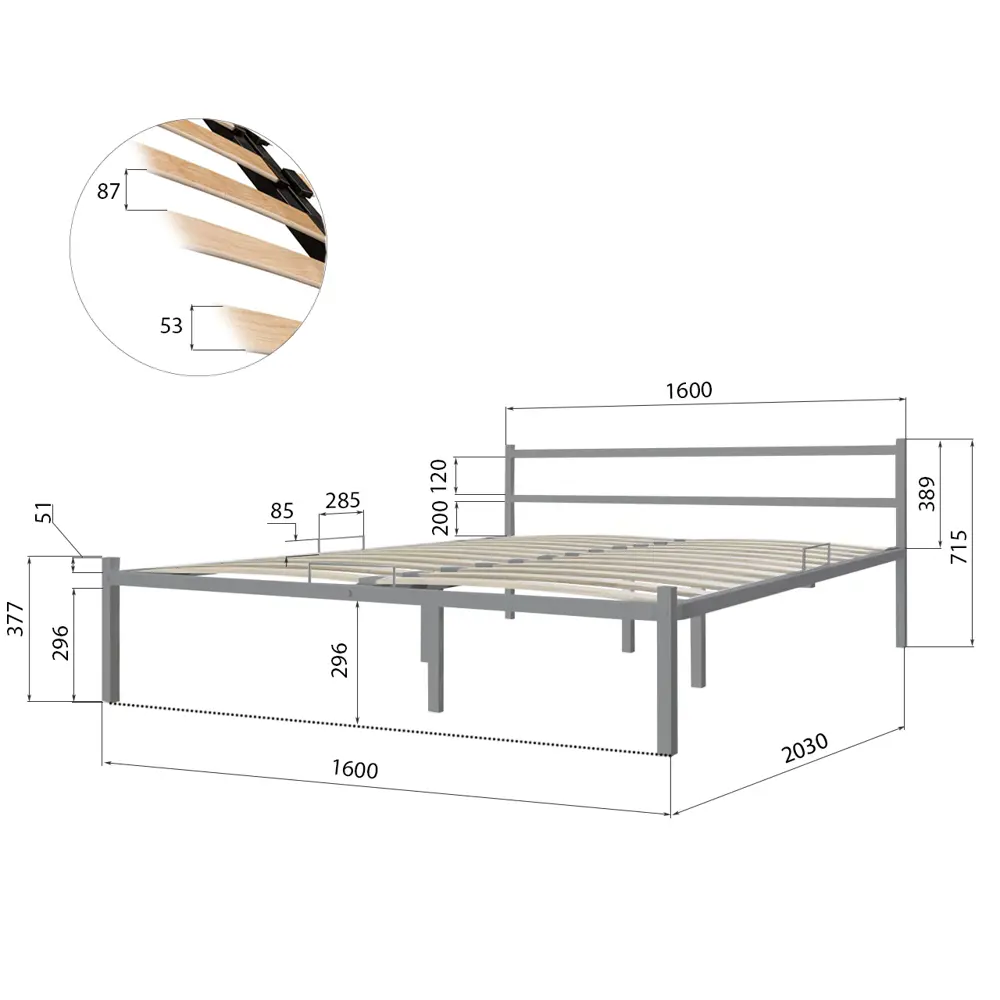 Кровать двуспальная Roomiroom 160x200 см металл цвет серый