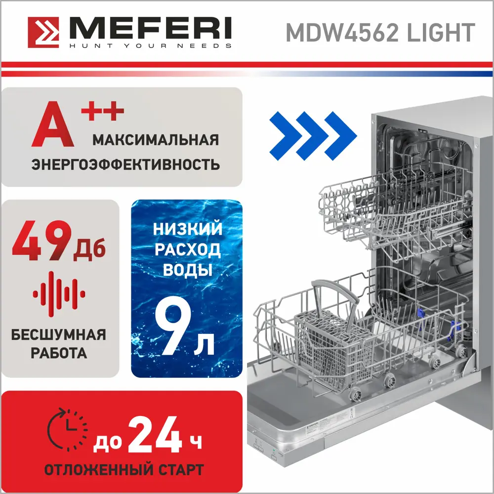 Встраиваемая посудомоечная машина Meferi MDW4562 LIGHT 45 см 6 программ  цвет серый ✳️ купить по цене 29390 ₽/шт. в Ярославле с доставкой в  интернет-магазине Леруа Мерлен