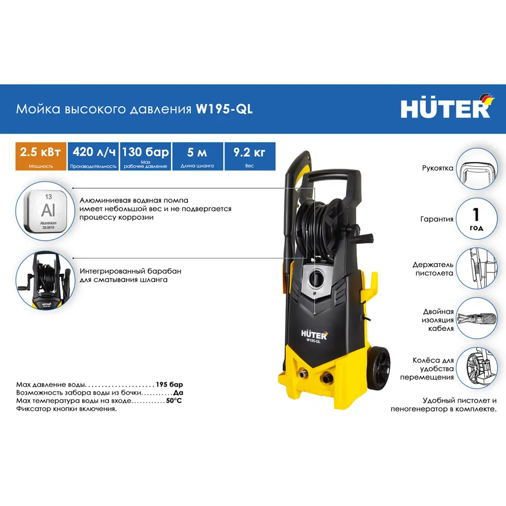 Мойка высокого давления Huter W195-QL, 195 бар, 420 л/ч со встроенным  пеногенератором ✳️ купить по цене 14390 ₽/шт. в Екатеринбурге с доставкой в  интернет-магазине Леруа Мерлен