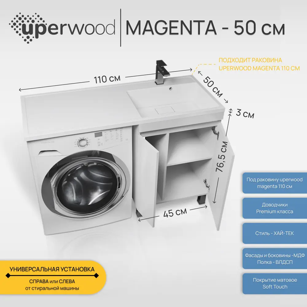 Тумба под стиральную машину Uperwood Magenta 50 см напольная белая с  дверцами по цене 14388 ₽/шт. купить в Ульяновске в интернет-магазине Леруа  Мерлен