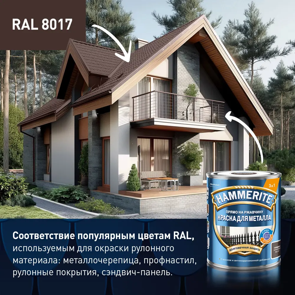 Грунт-эмаль 3 в 1 Hammerite цвет коричневый 2 л ✳️ купить по цене 3980  ₽/шт. в Туле с доставкой в интернет-магазине Леруа Мерлен