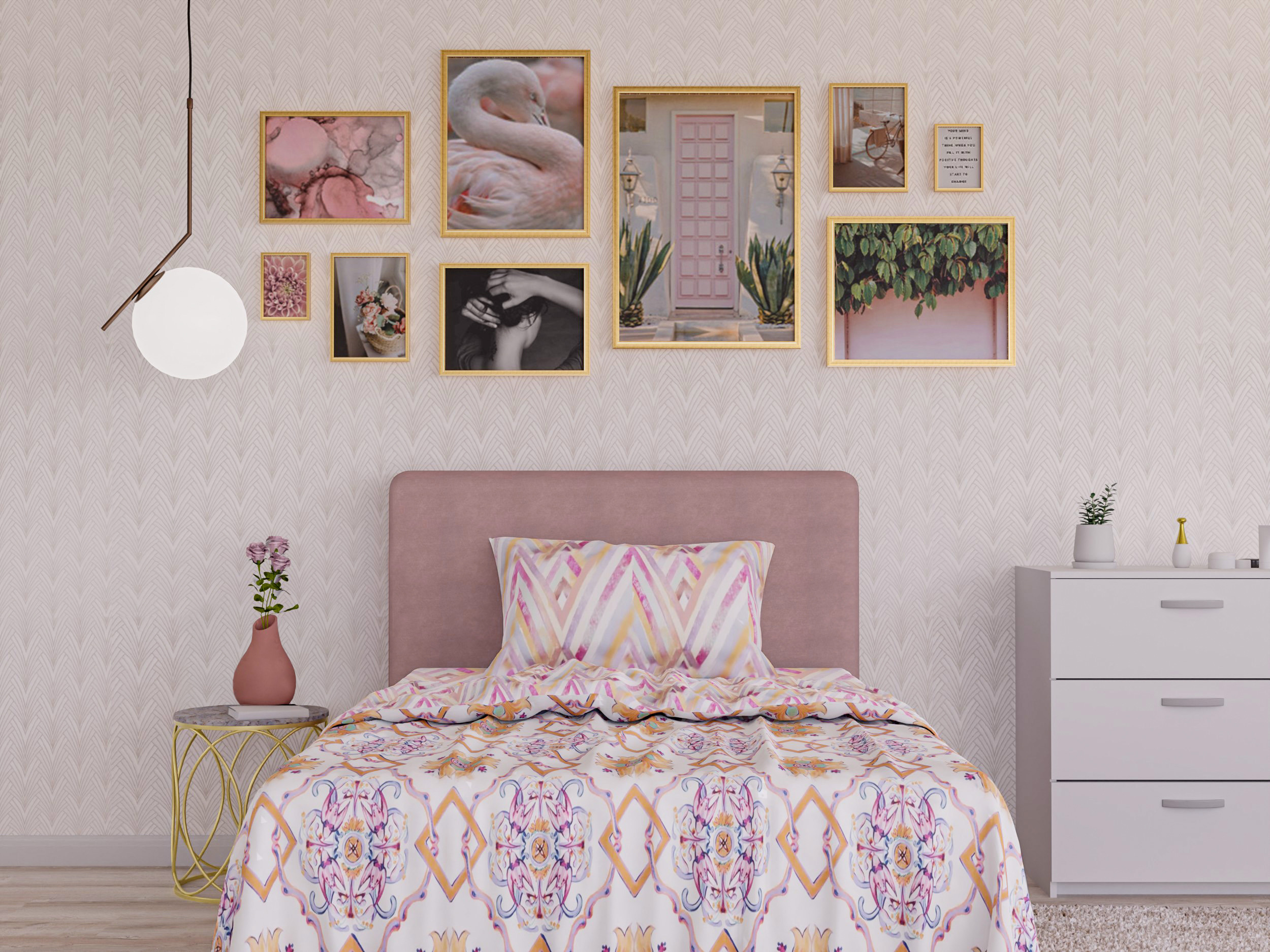 Коллаж из фото в спальне в пудровых цветах