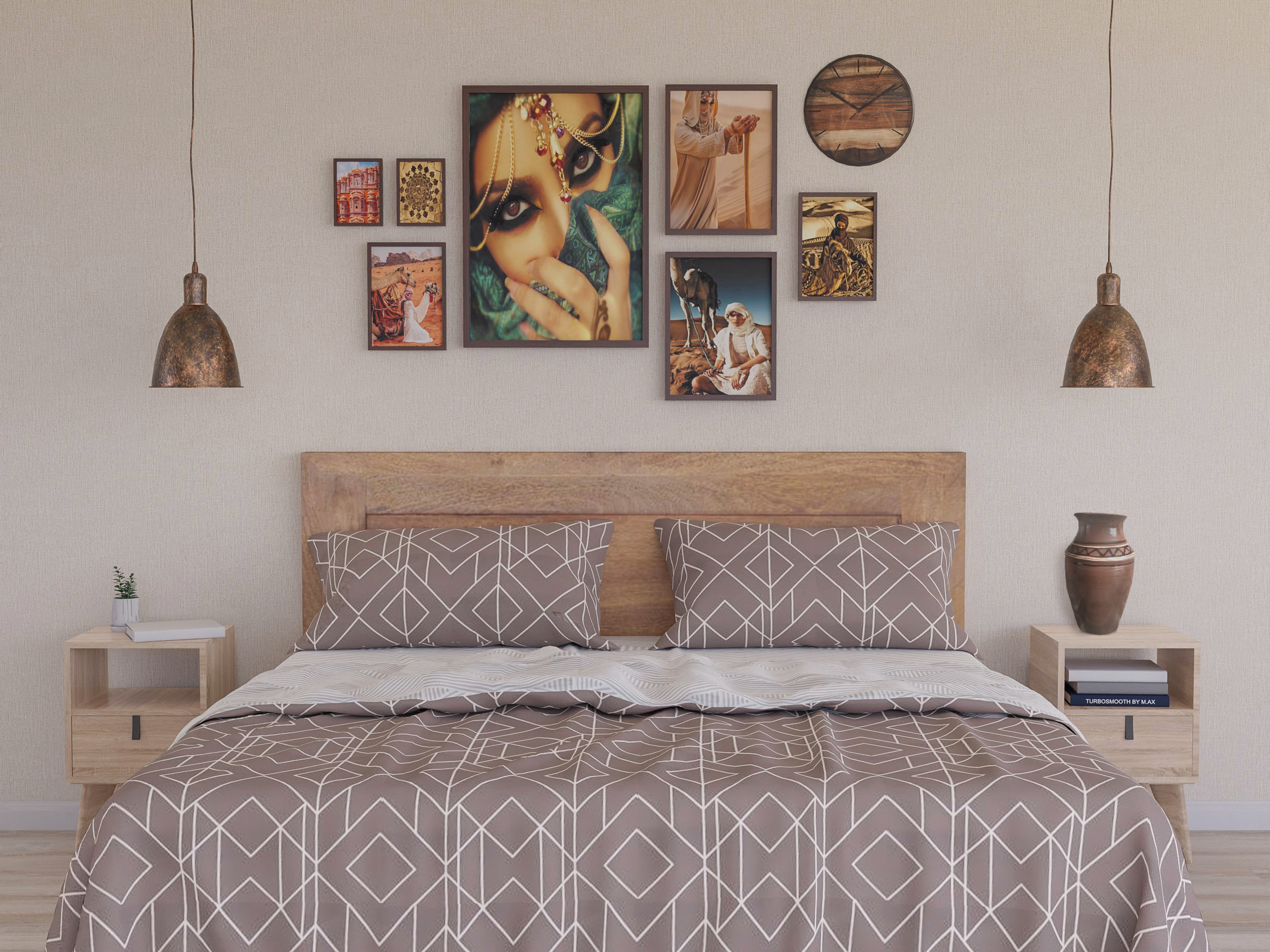 Коллаж на стене в спальне в коричневых оттенках
